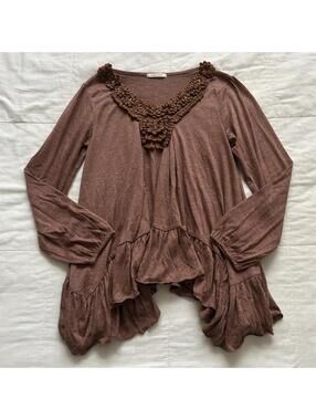 Axes Femme Orange Brown Floral Bib Ruffle Flowy Blouse Medium